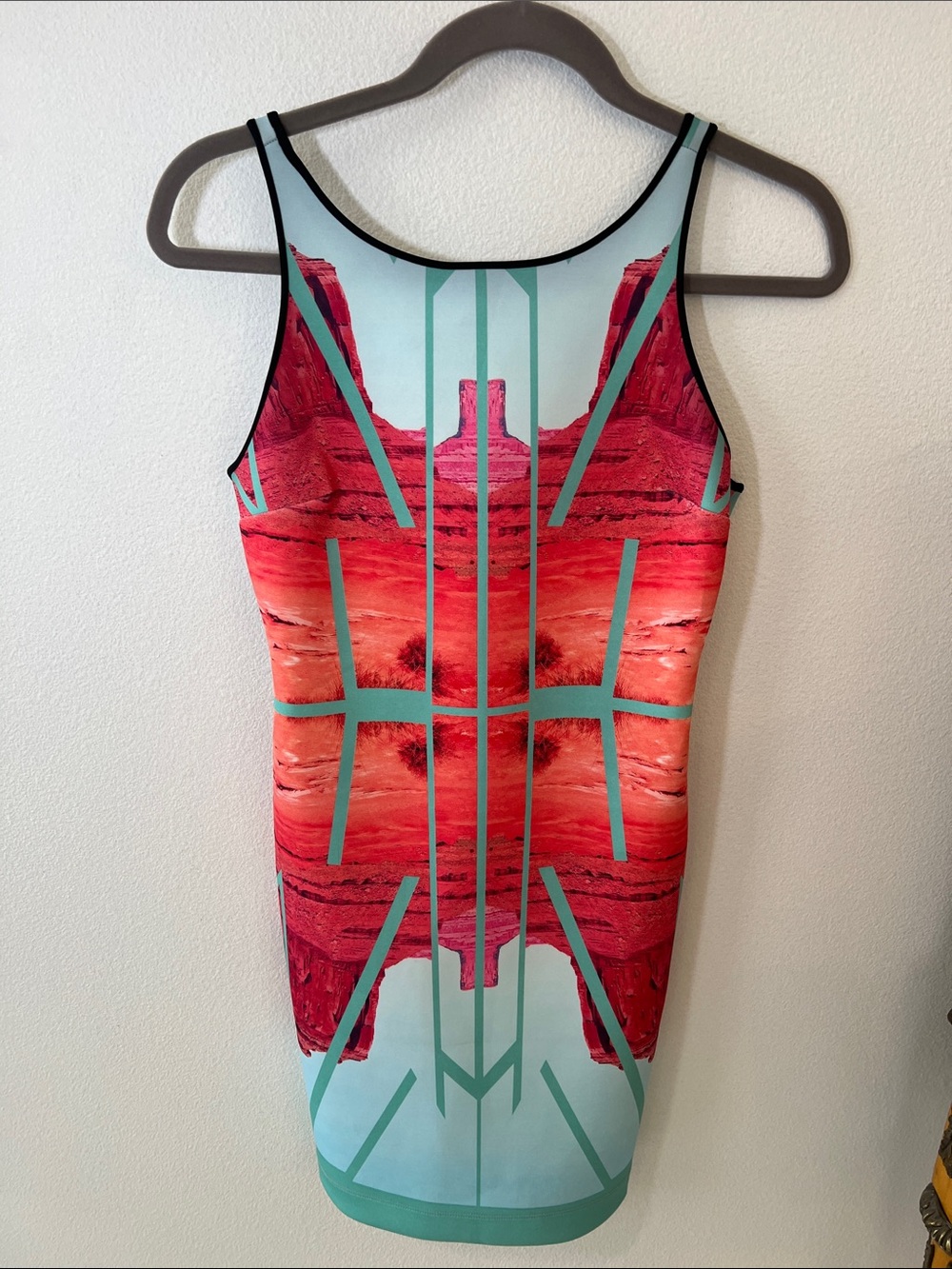 Clover Canyon Red and Aqua Desert Canyon Scuba Bodycon Dress